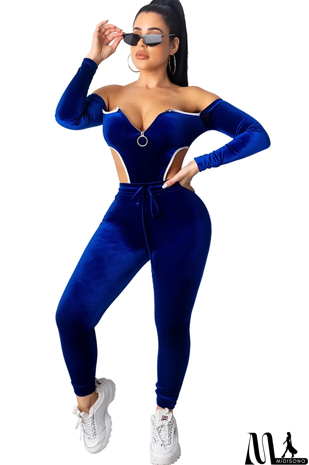 MidiSono - purple Polyester Sexy Solid Two Piece Suits pencil Long Sleeve Two-piece Pants Set