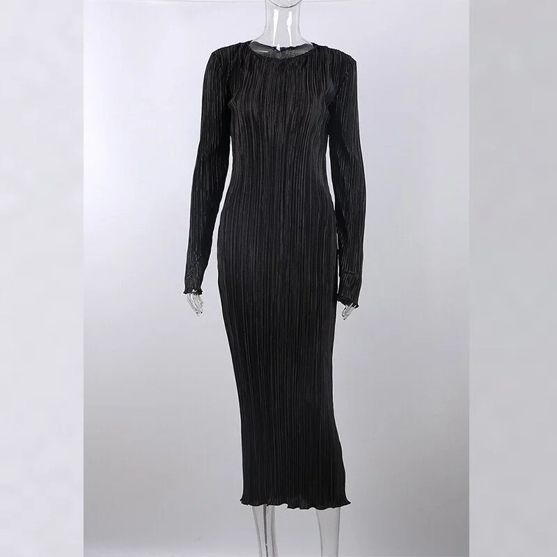 Basic Orange Maxi Bodycon Dress Autumn Summer Long Sleeve Pleated Dress 2022 Plisse Casual Dresses Women