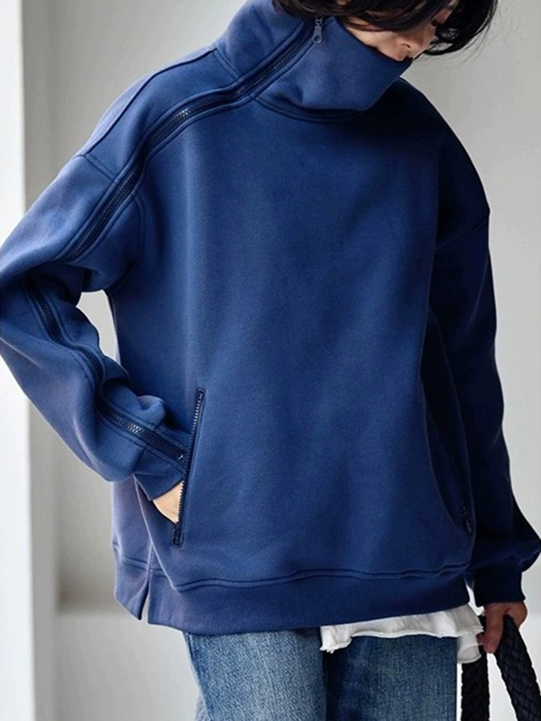 Loose Long Sleeve Zipper High Neck Hoodie