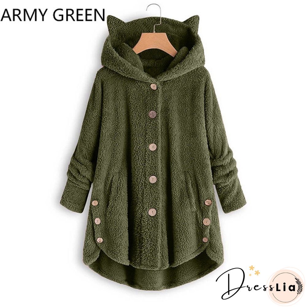 Fashion Women Coats Autumn Winter Outwear Tops Solid Color Plush Loose Cute Cat Ears Warm Fur Cardigan Coat with Pocket Plus Size S-5XL