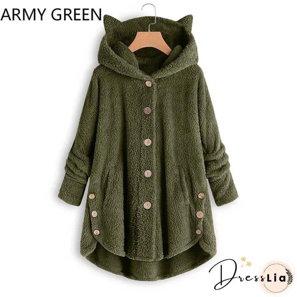 Fashion Women Coats Autumn Winter Outwear Tops Solid Color Plush Loose Cute Cat Ears Warm Fur Cardigan Coat with Pocket Plus Size S-5XL