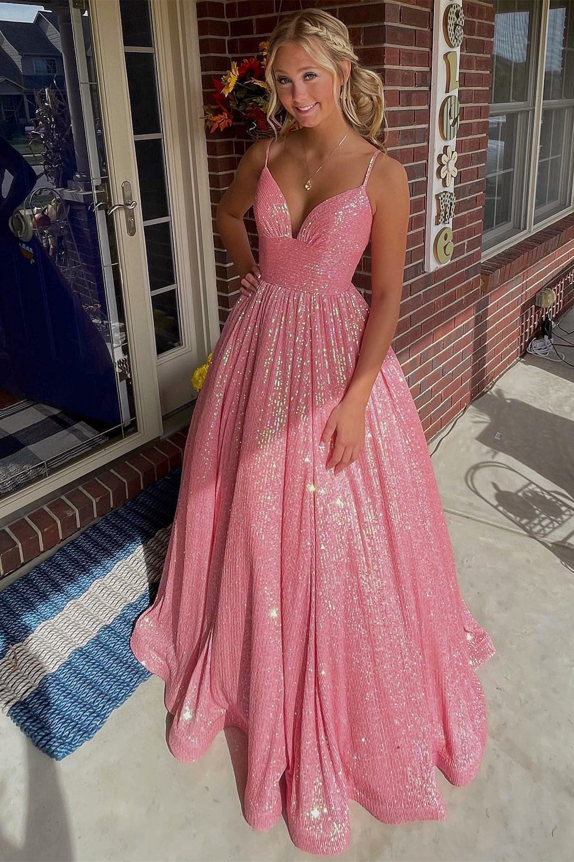 Oknass Charming Sequins Pink V-Neck Spaghetti Strap A-Line High Waist Long Prom Dress 