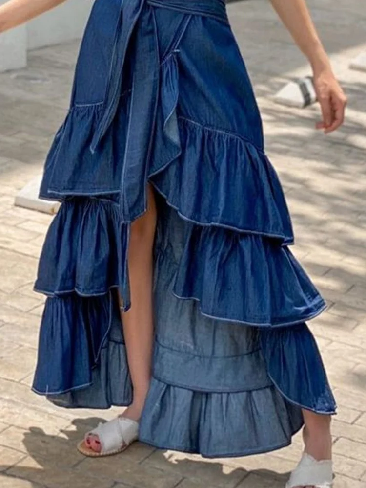 UR Fashion Plain Knot Waist Flounce Layered Hem Denim Skirt