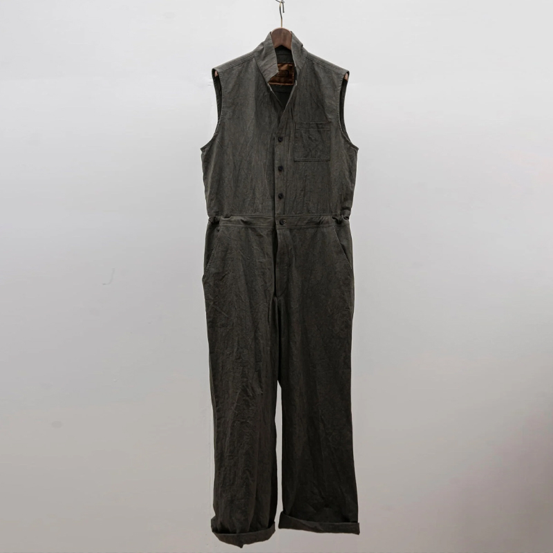 Men's Cotton and Linen Sleeveless Olive Green Jumpsuit