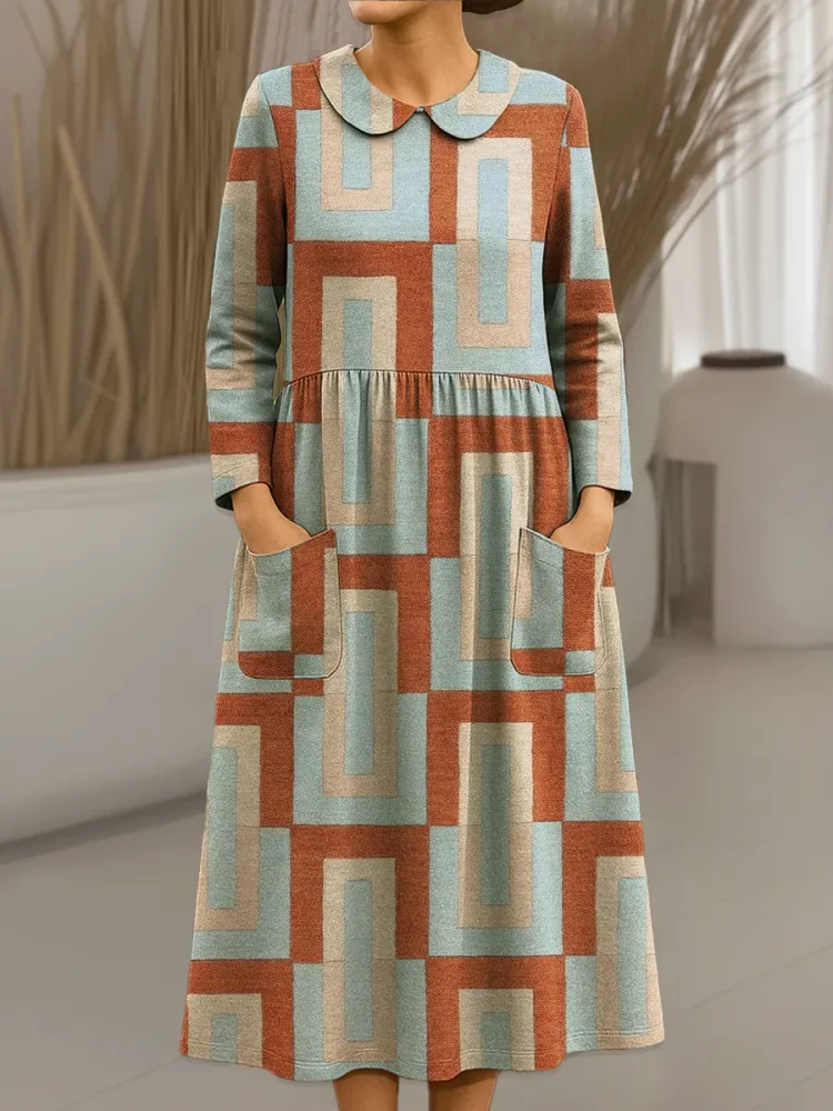 Women's Vintage Abstract Geometry Pattern Art Print Cotton Lapel Shirt Dress