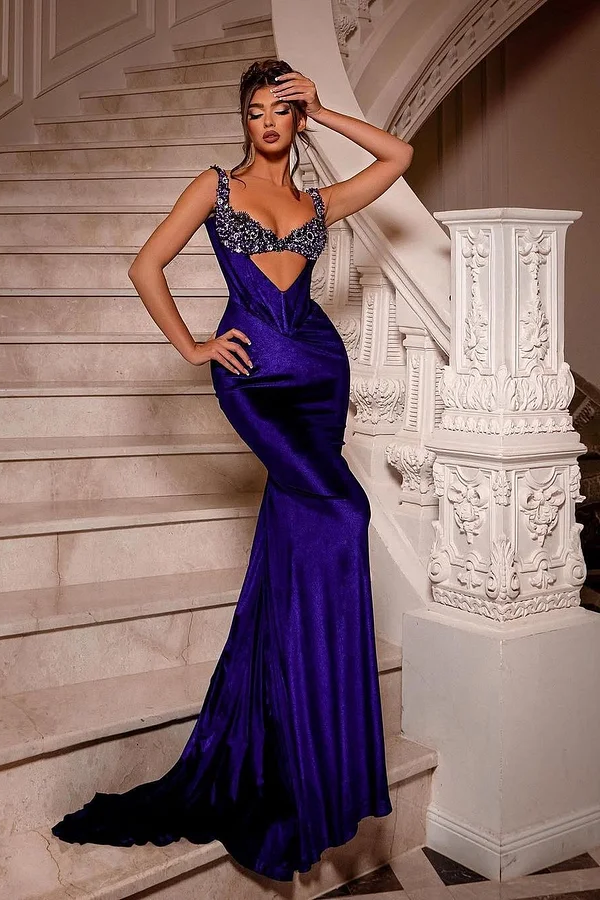 Lisliy Sleeveless Spaghetti Straps V-Neck Beads Mermaid Prom Dress