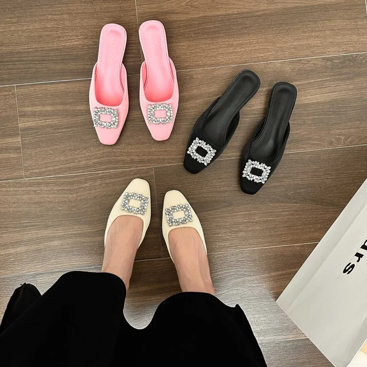 Wongn Wongn Half Drag Female 2024 Summer New Fashion Rhinestone Square Buckle Flat Bottom Cool Drag Flat With Slippers Women's Shoes Tide
