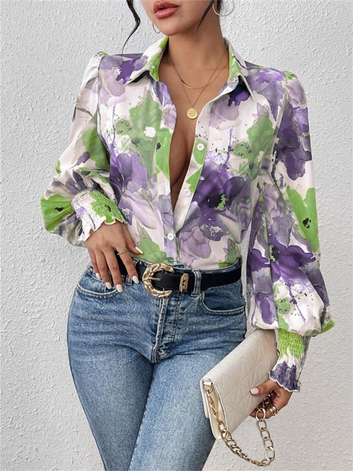 Women's New Fall and Winter Collar Bubble Long-sleeved Loose Printing Shirt Shirt