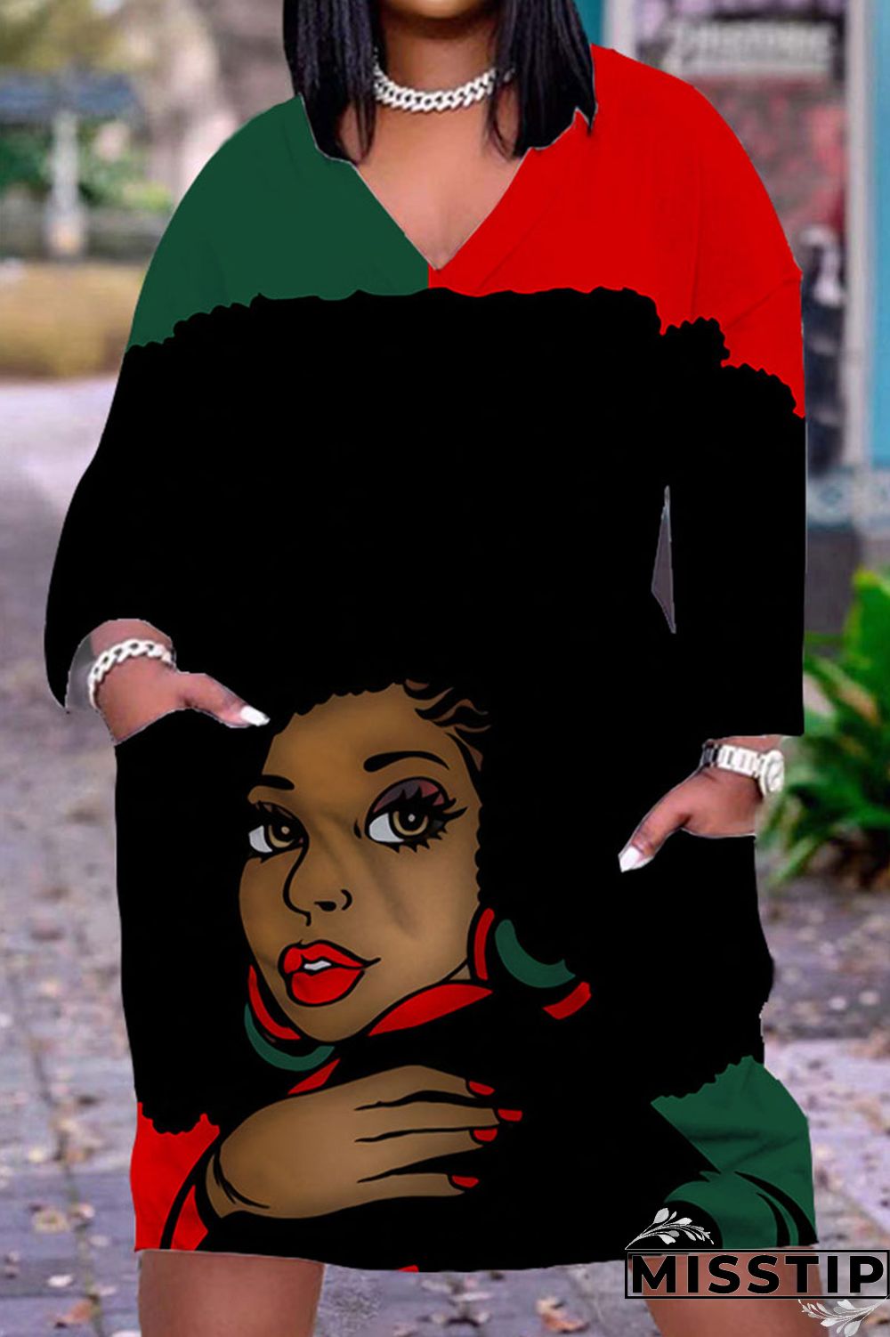 Gray Cyan Casual Print Patchwork V Neck Straight Dresses