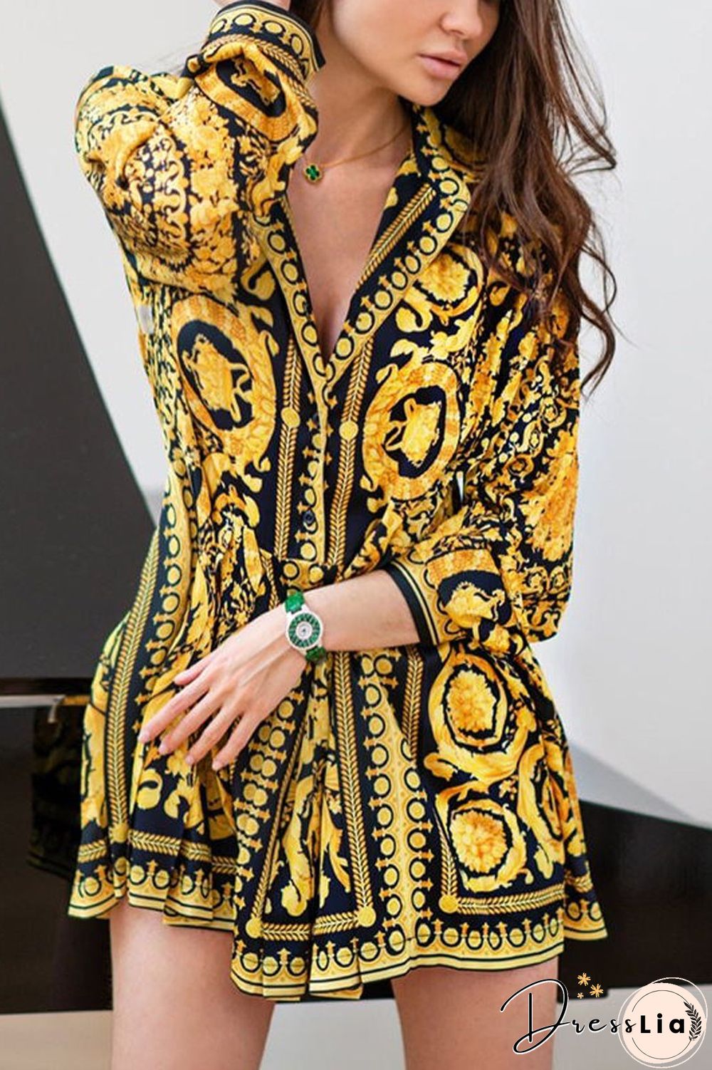 Paisley Print Long Sleeve Dress(Without Belt)