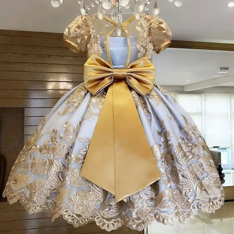Embroidery Flower Wedding Evening Children Clothing Princess Party Kids Dresses for Girls Birthday Party Lace Flower Ball Gown