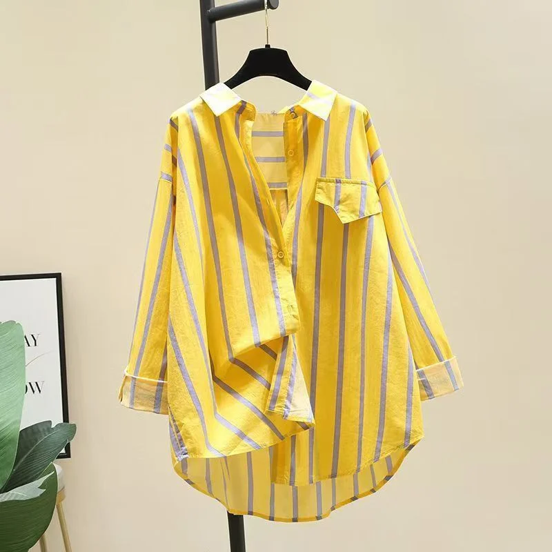 Brownm Brownm Spring And Summer Striped Polo Collar Long-Sleeved Casual Shirt Thin Large-Size Loose Sunscreen Shirt Top