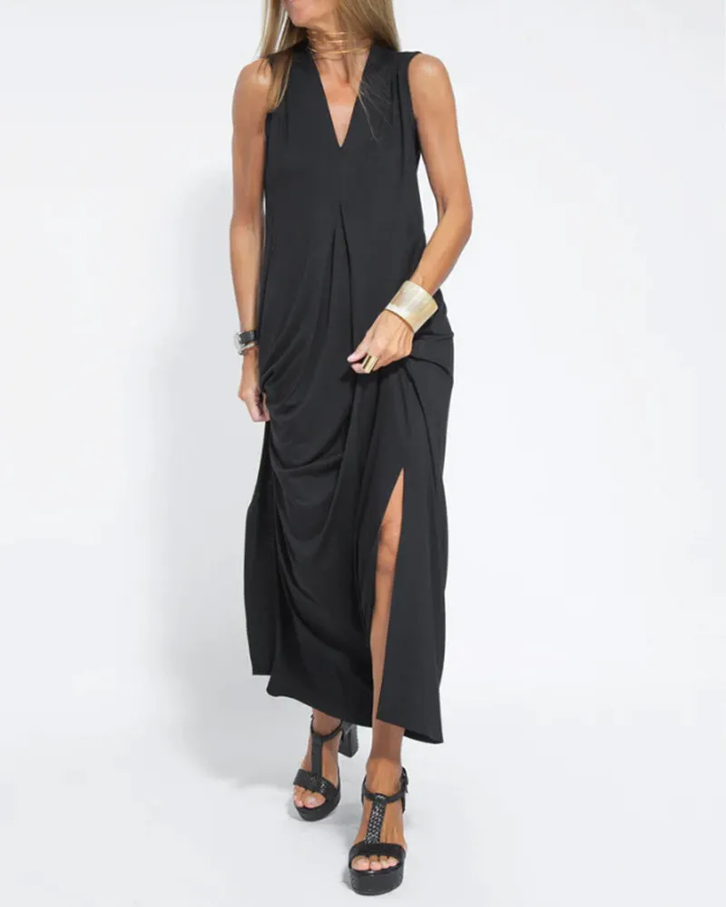 V-neck sleeveless dress in solid color