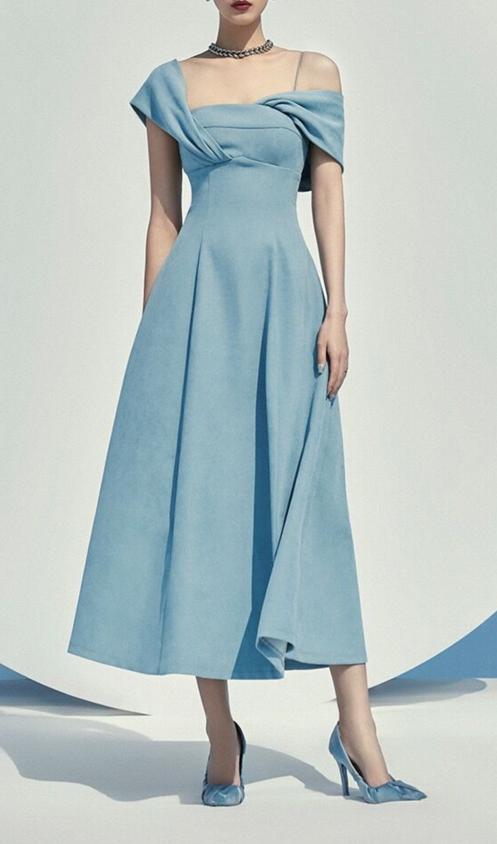 Haze Blue Oblique Shoulder Midi Dress Flowering Girl