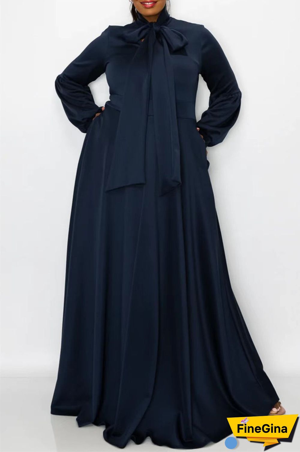 Tibetan Blue Casual Solid With Bow O Neck Long Sleeve Plus Size Dresses