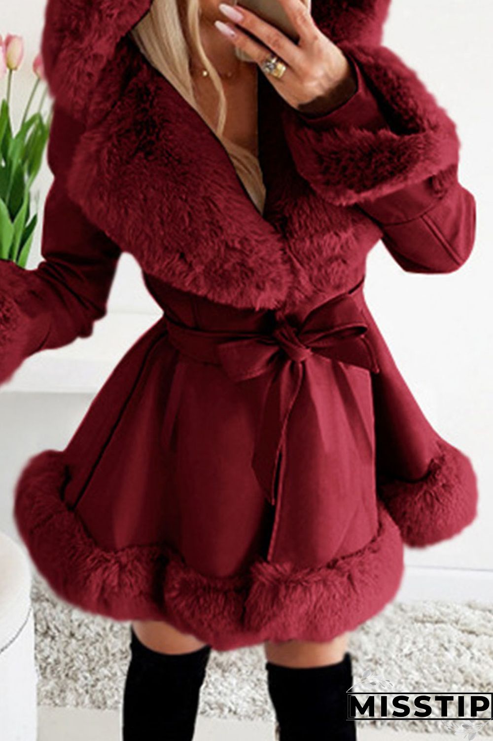 Black Sexy Solid Bandage Patchwork Feathers Hooded Collar Outerwear