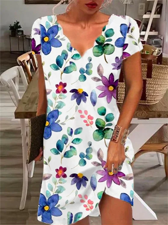 Women Short Sleeve V-neck Floral Printed Midi Dress