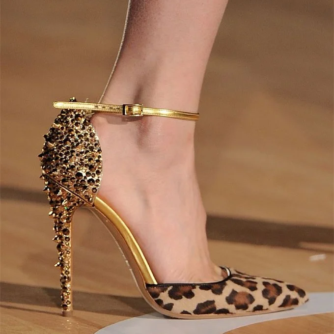 Leopard Print Rivets Ankle Strap Stiletto Heel Pumps Vdcoo