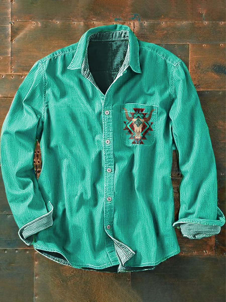 Men's Vintage Western Pattern Print Casual Lapel Long Sleeve Shirt