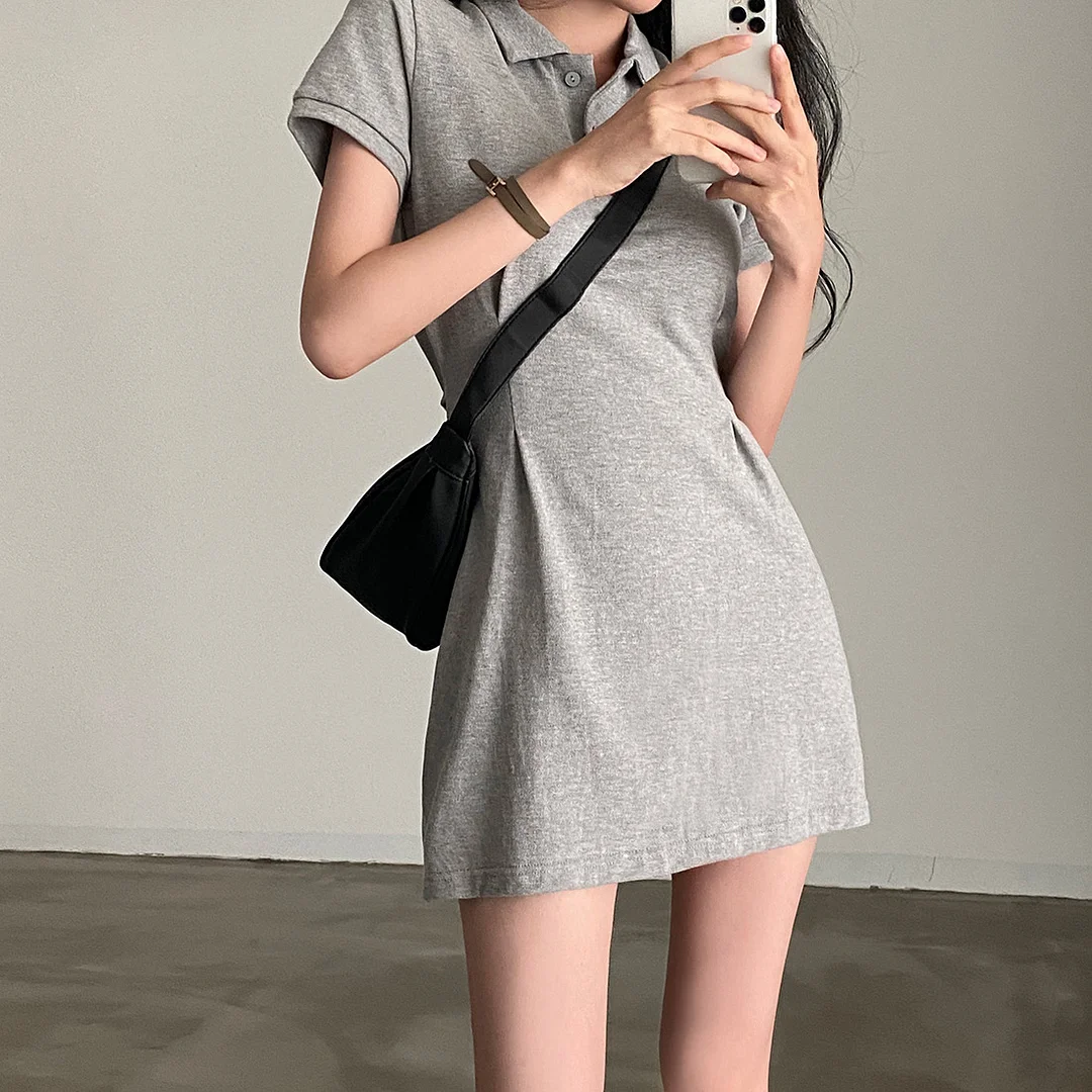Churchf Churchf Chic Spring Retro Niche Lapel Slim Slim Pure Color Short Sleeve Short Package Hip Dress Short Skirt