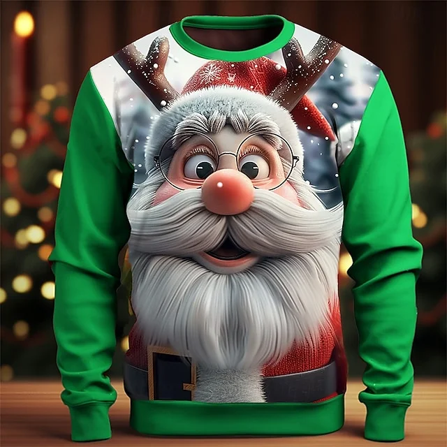 Men's Santa Claus 3D Print Christmas Cartoon Crew Neck Long Sleeve Sweatshirts