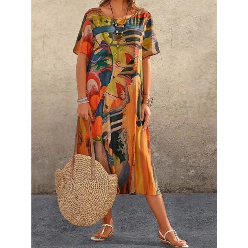 Uveng Summer Sleeve Loose Round Neck Dresses