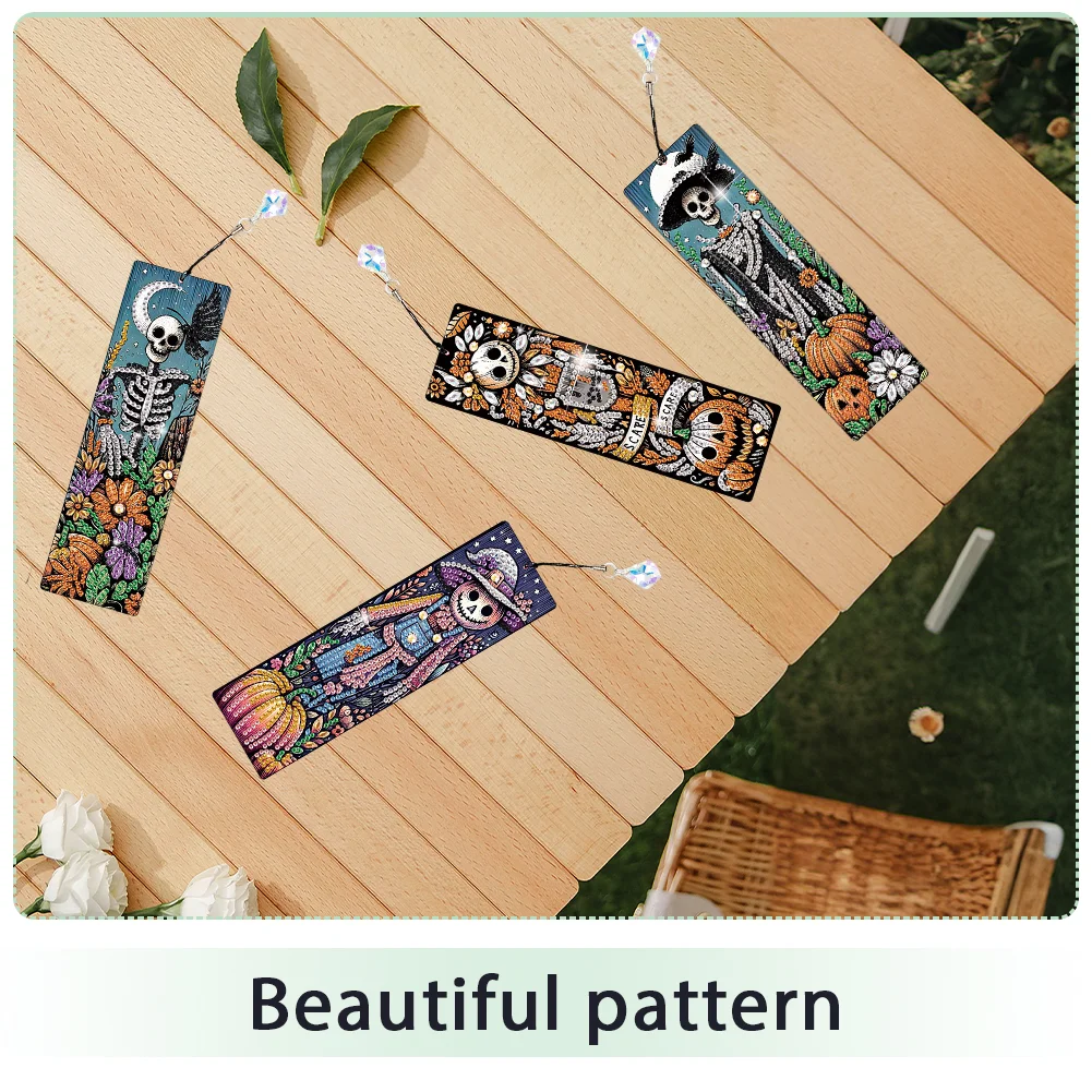 4Pcs Halloween Pumpkin Skull Themed DIY Diamond Painting Bookmark for Book Lover