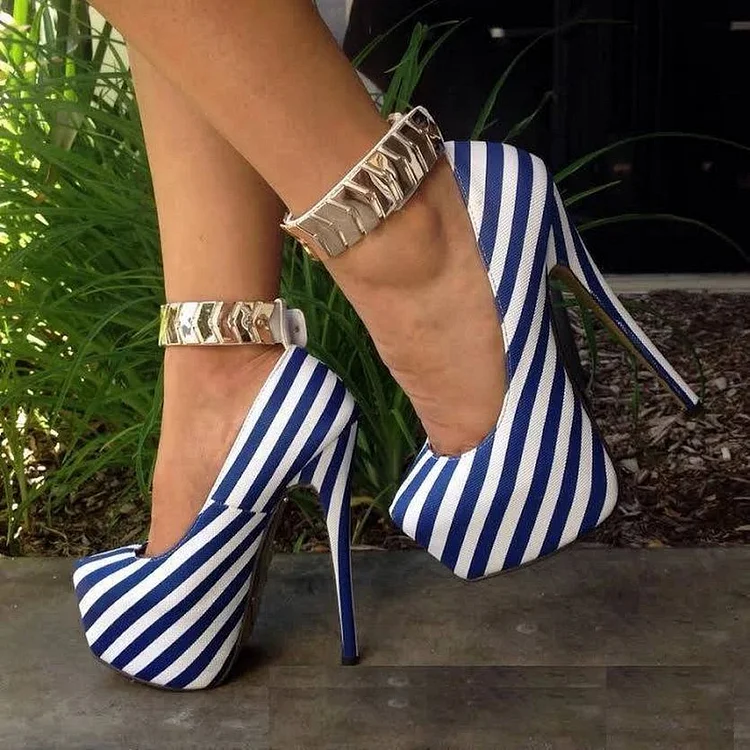 Blue and White Platform Heels Ankle Strap Pumps |FSJ Shoes