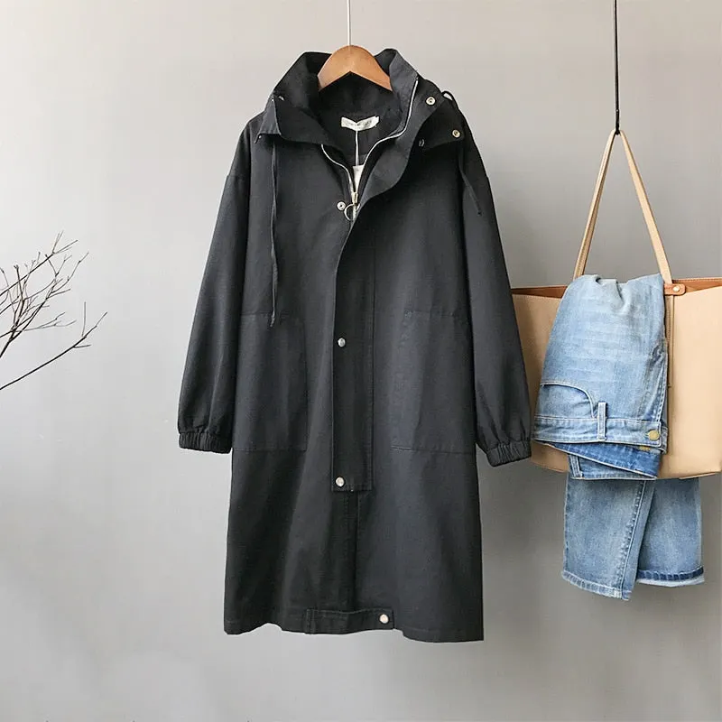 Oversize Spring Autumn Trench Coat Women 2020 New Casual  Long Fashion Hooded Windbreaker Zipper Pocket  Female Large size Q191