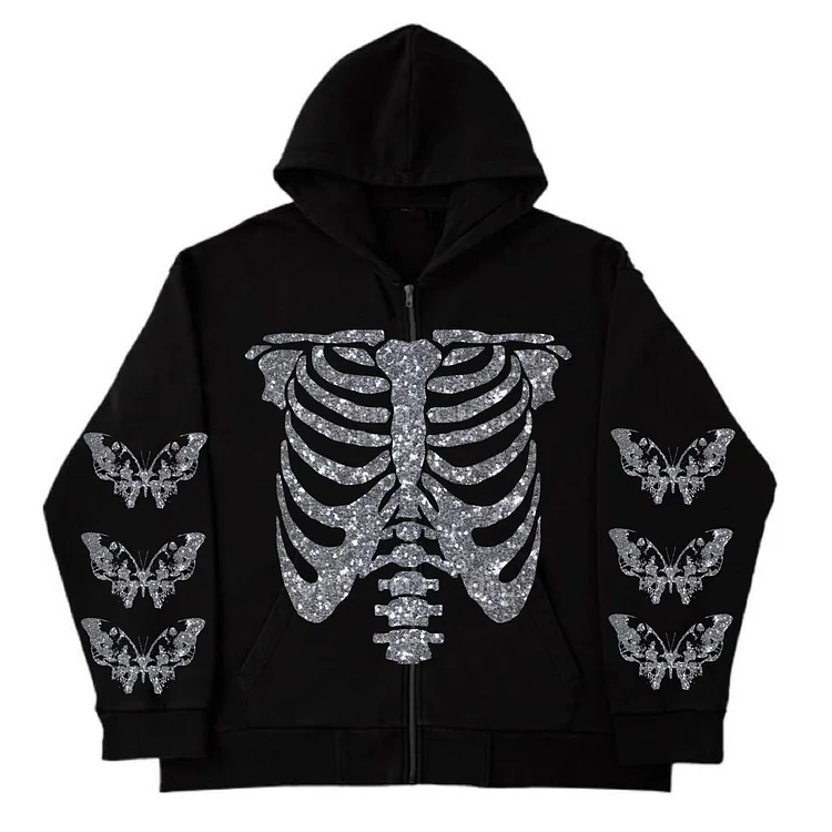 Y2k Skull Butterfly Print Zipper Hoodie Long Sleeve Sweatshirt at Hiphopee