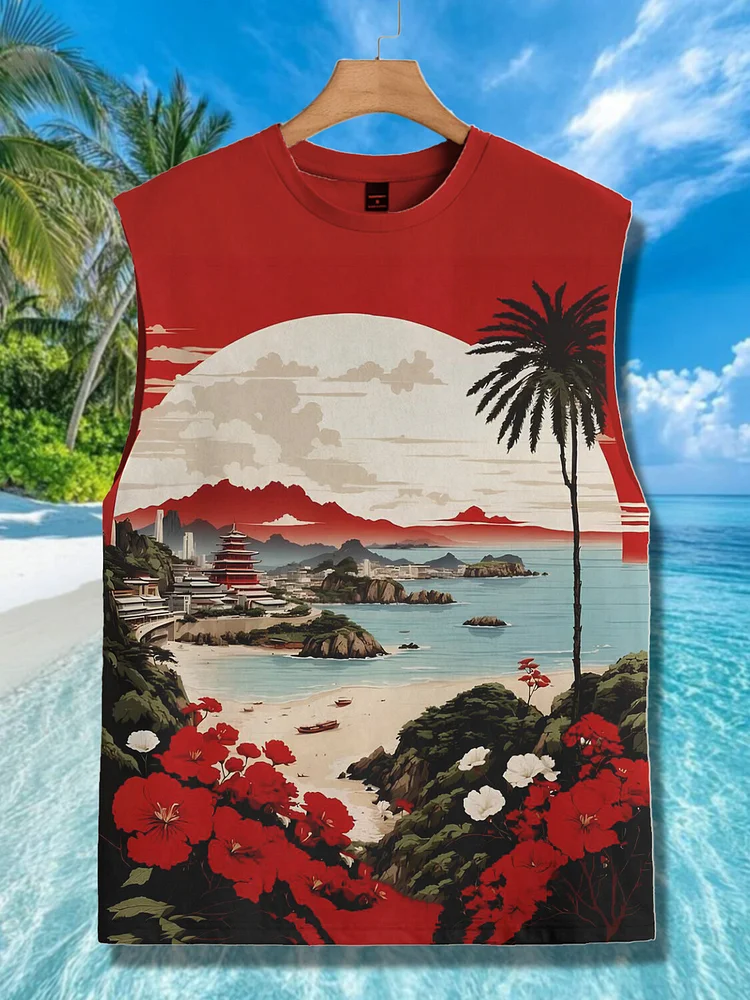 Men's Coastal Scenery Hibiscus Print Vacation Tank Top