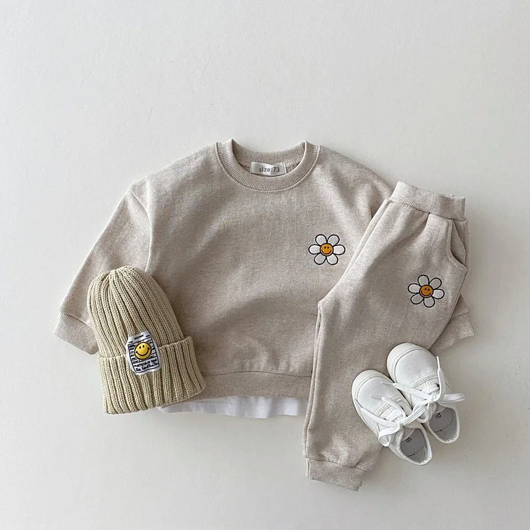 Toddler Boy/Girl Solid Color Embroideried Floral  Pullover Sweatshirt and Casual Pants Set
