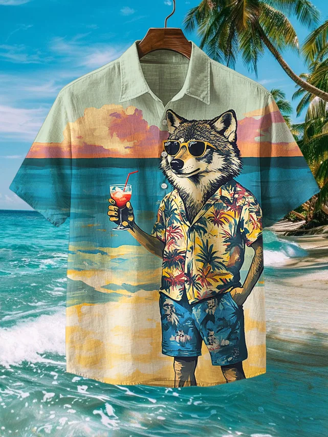 Men's A Wolf On Vacation In Hawaii Print Short Sleeve Shirt