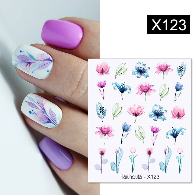 Harunouta Blue Ink Blooming Flowers Nail Water Decals Concise Floral Leaves Slider For Nails Geometric Waves DIY Manicures Tips