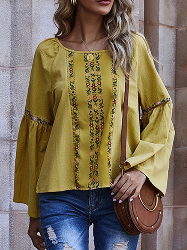 Womens Shirt Crew Neck Long Flared Sleeve Floral Print Boho Shirt