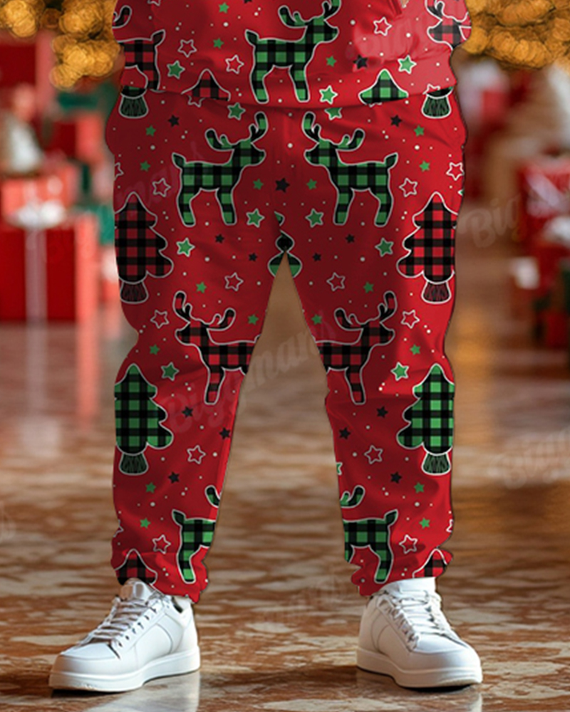 Men's Plaid Christmas Tree Elk Plus Size Hoodie Jogger Pants Set