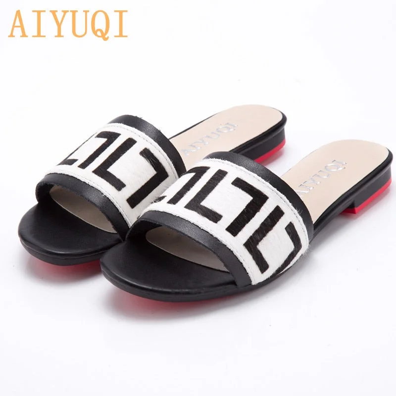AIYUQI Women Slippers 2021 New summer Genuine Leather Flat Women slides  Mohair Casual Outdoor Slippers Women shoes