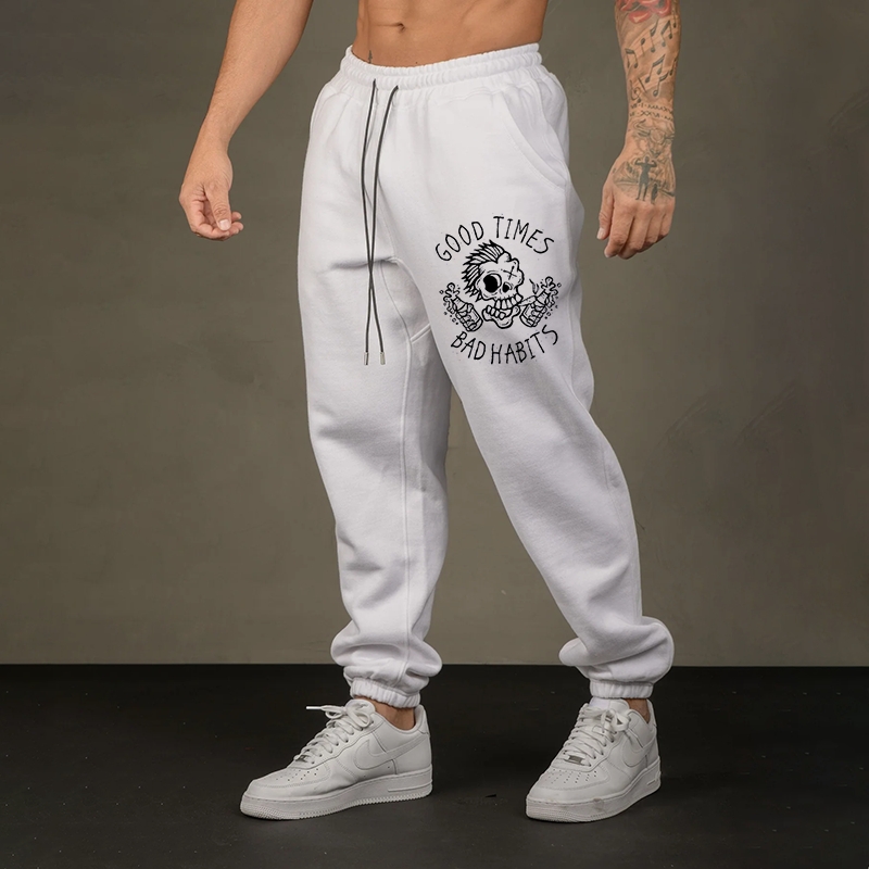 GOOD TIMES, BAD HABITS FUNNY SKULL PRINT JOGGERS