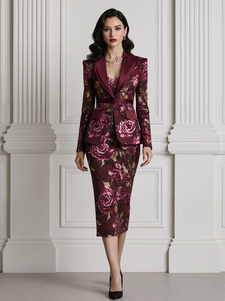 Floral midi dress layered with structured blazer