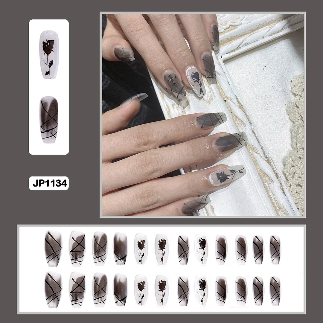 24PCS Dark Punk False Nails with Glue Gradient Long Detachable Fire Stick on Nails Skull Flame  Art DIY Fashion Manicure Tool-Nail Inspo