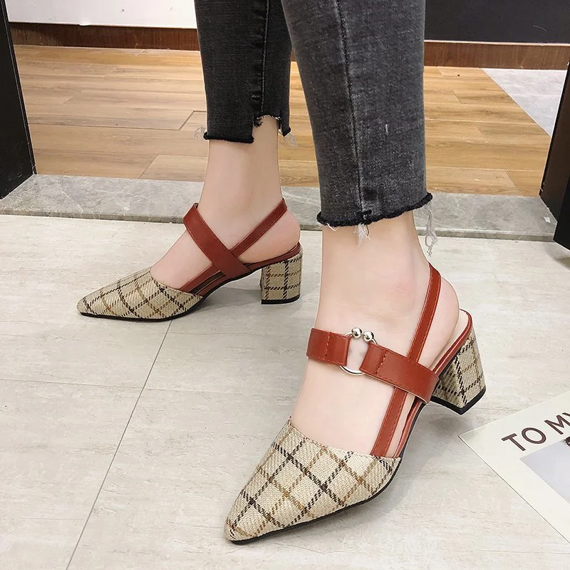 Qengg Spring Summer Women Shoes Leather Strap Sandals Woman Pointed Plaid Slingback Pumps Sandal Square Heels 6CM New Hot