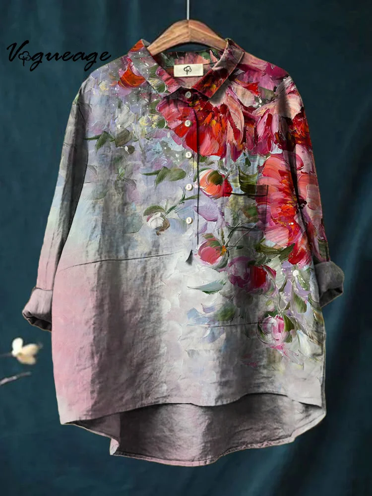 Oil Painting Elegant Flowers Printed Cotton And Linen Shirt