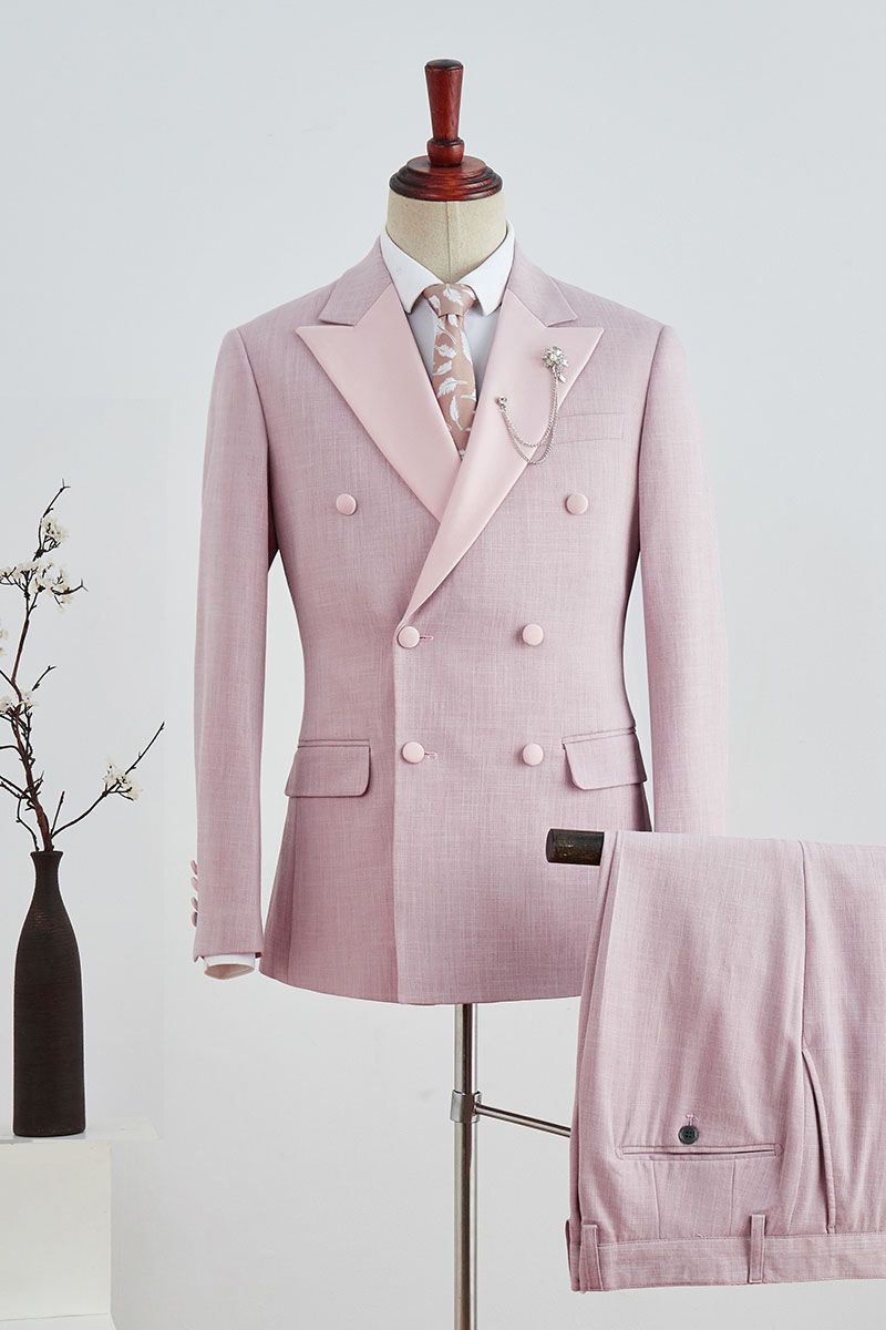 Dresseswow Simple Double Breasted Pink With Plaid Peaked Lapel Marriage Suit