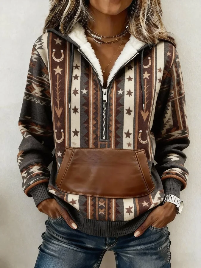 Women's Retro Western Print Fur Collar Sweatshirt 