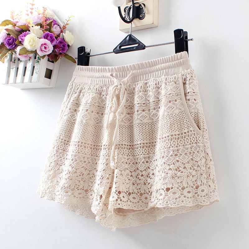 Lace crochet shorts female summer students 2021 new loose casual high-waist elastic women's outer wear all-match