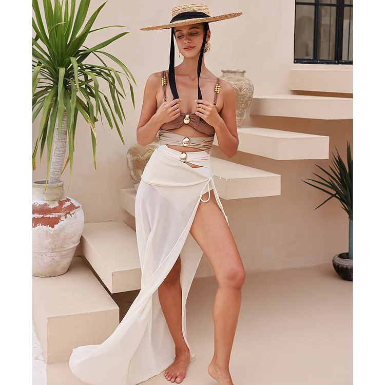 Color Block Cutout One Piece Swimsuit and Sarong
