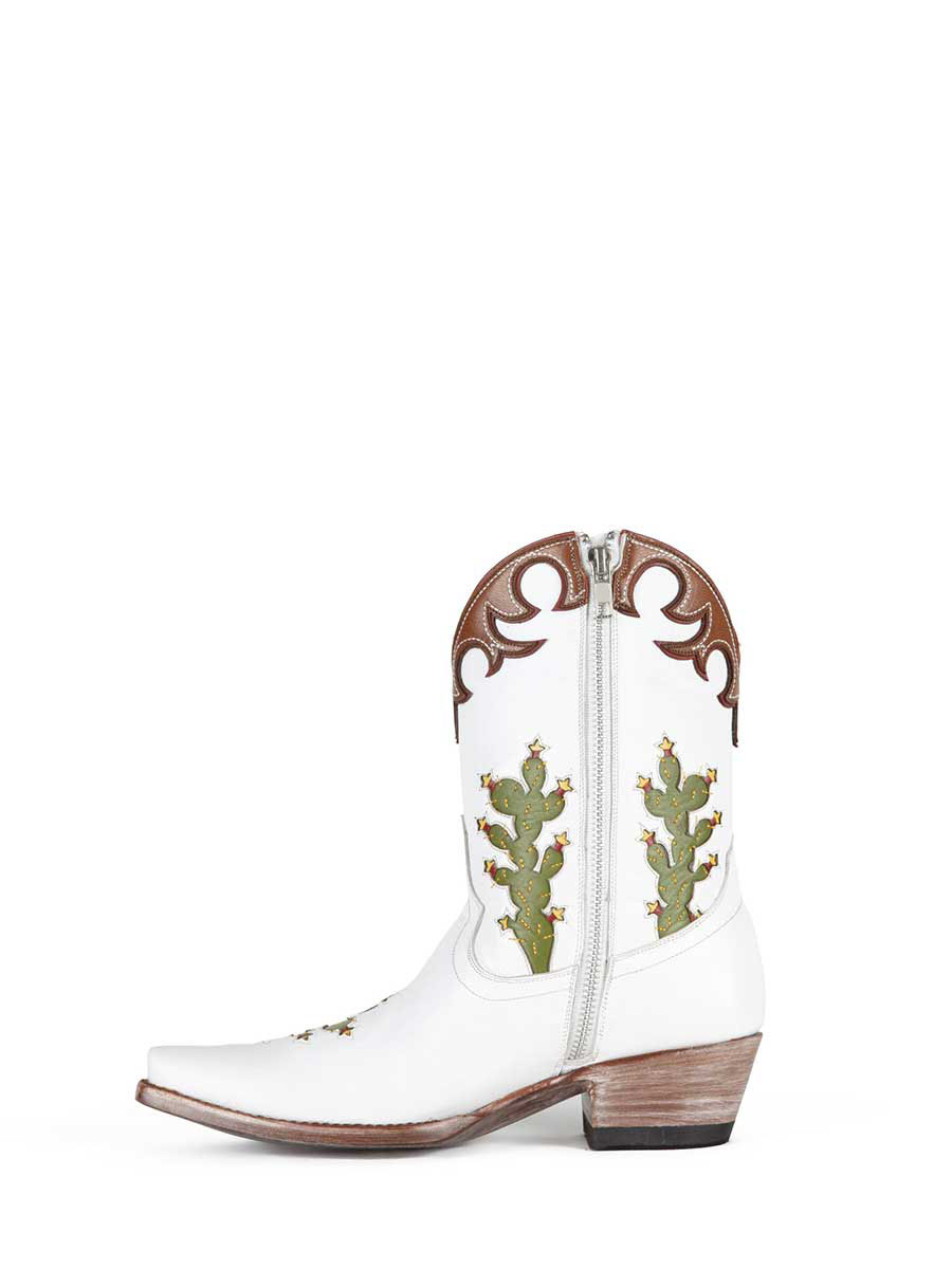 Brown & White Pointed Toe Cactus Embroidery Block Heeled Cowgirl Ankle Boots