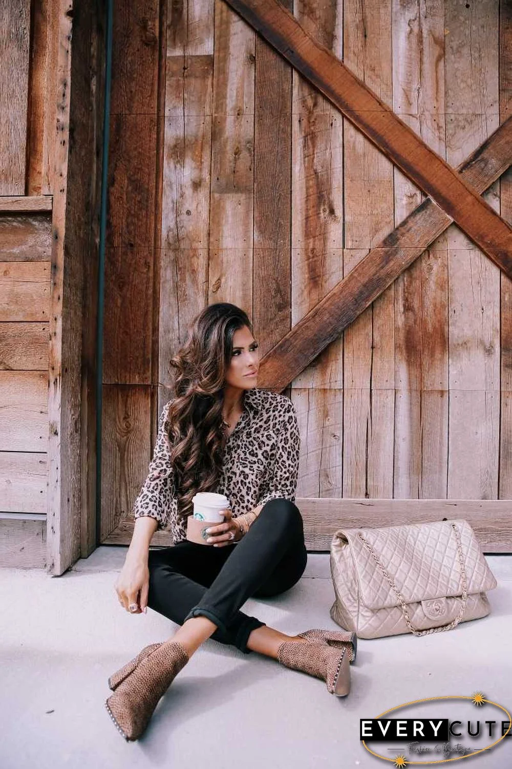 Oversized Retro Long Sleeve Leopard Print Button Up Shirt Womens