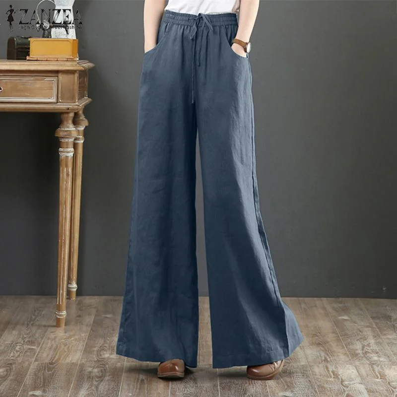 Vintage Summer Long Trousers Women Wide Leg Pants ZANZEA Casual Loose Pantalon High Waist Oversized Solid Harem Palazzo Turnip