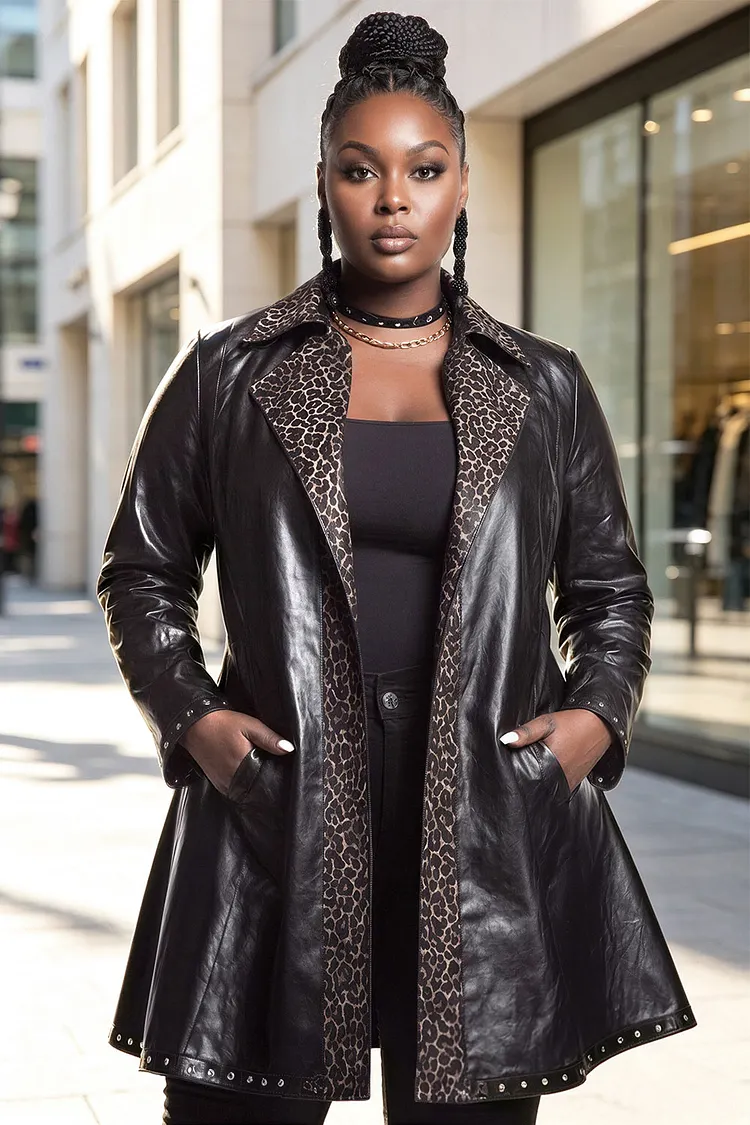 Xpluswear Design Plus Size Business Casual Black Leopard Turndown Collar Long Sleeve Studded Pocket PU Leather Jacket [Pre-Order] 2024 - Xpluswear